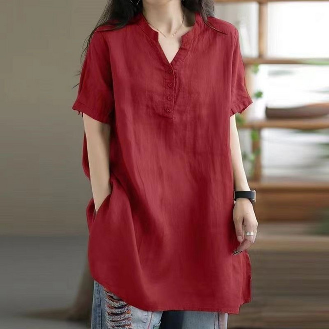 Qurora 棉麻上衣 V領寬鬆顯瘦中長版女上衣