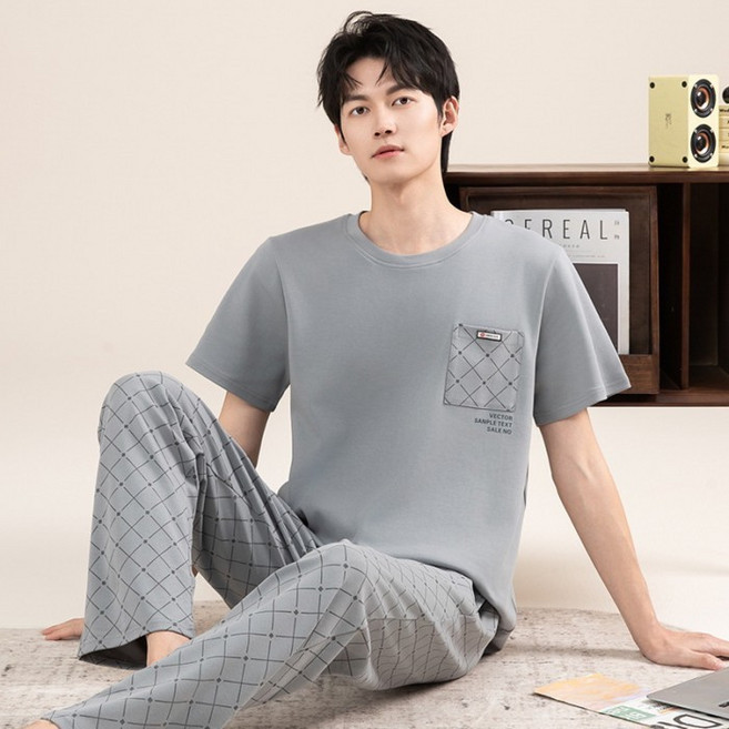 男士純棉短袖長褲睡衣 夏季薄款休閒家居服套裝
