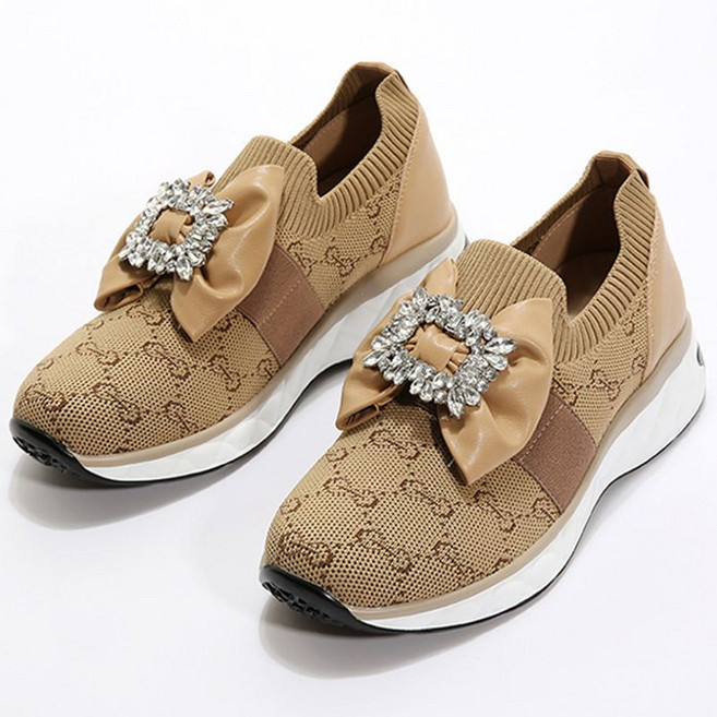 더힐 니트 사각 왕보석 리본 여성여자 슬립온 운동화 스니커즈 4.5cm 3color sjbad-m80