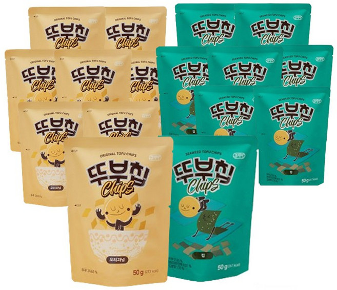뚜부칩 오리지널+김맛_건강 두부과자 어른 간식 국산두부 국산재료 오븐에구워 더 맛있는 두부과자 건강과자 온가족 건강간식, 16개, 50g
