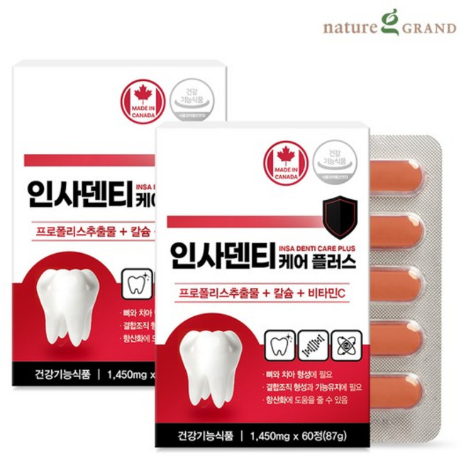 네이처그랜드 인사덴티 케어 플러스 2박스 4개월분 프로폴리스 칼슘 비타민C 치아뼈건강, 60정