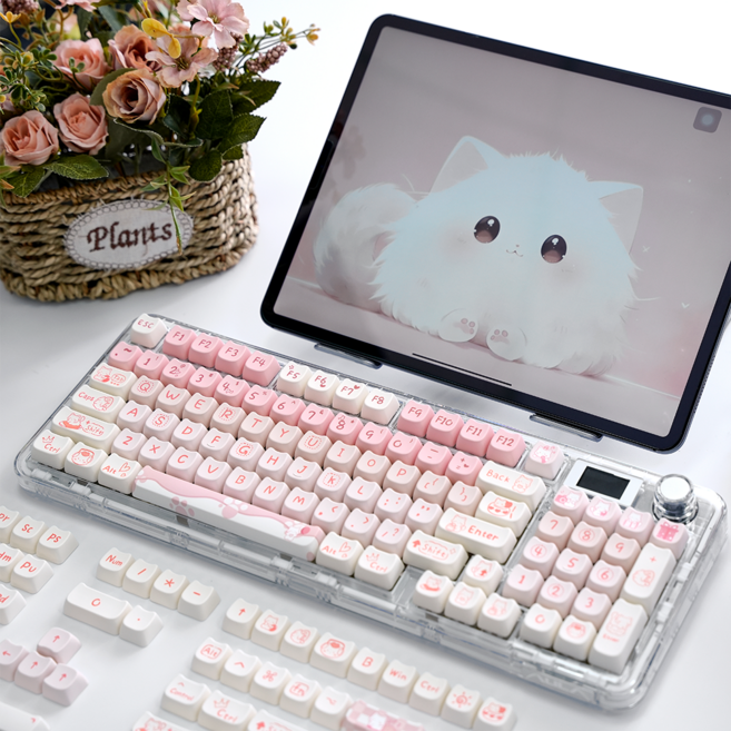 라나야 고양이 얼굴 모양 PBT 커스텀 키보드 키캡, MOA, 핑크