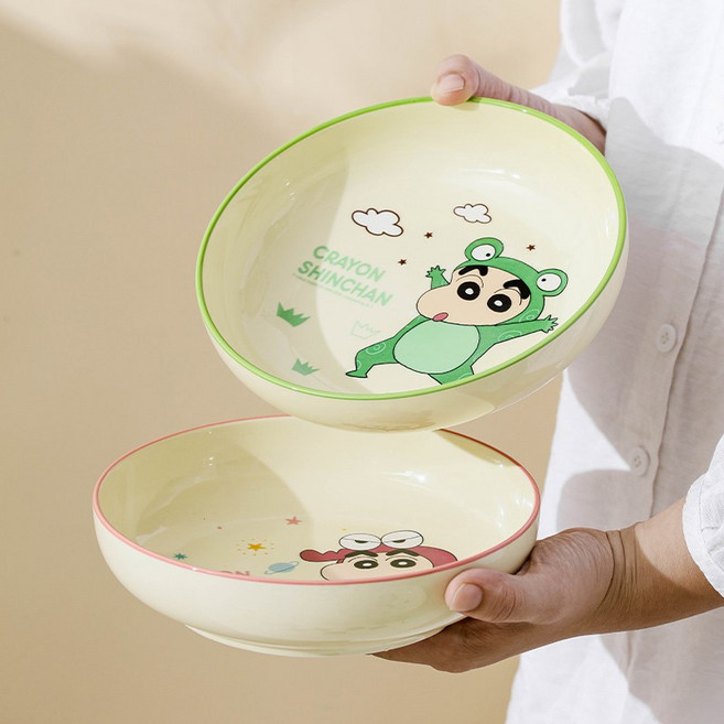 Keyiyijia 크레용 신짱 원형 접시 세트, 레드+그린, 1세트, 플레이트*2