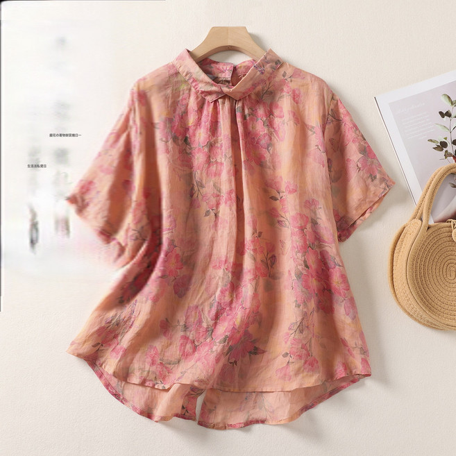 花色苧麻上衣 寬鬆夏季襯衫