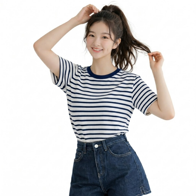 MS HOME 여성 스트라이프 라운드 티셔츠 반팔