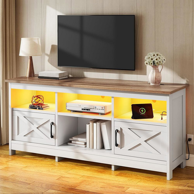 65인치 TV용 YITAHOME TV 스탠드 수납장이 있는 엔터테인먼트 센터 전원 콘센트 및 LED 조명 거실용 헛간 문이 미디어 콘솔 블랙, White & Walnut