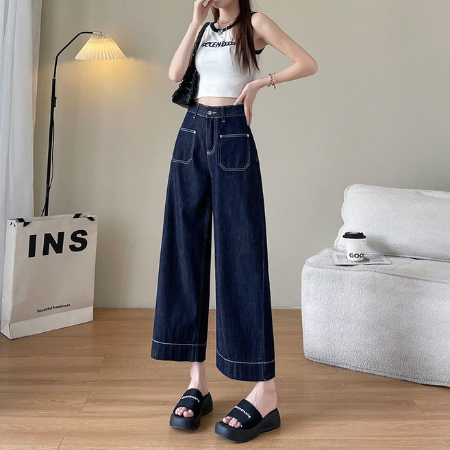 Makone 여성 청바지 하이웨이스트 체형커버 8부 스트레이트 와이드 데님 팬츠