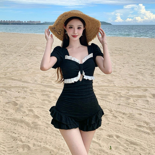 連體泳衣女高腰遮肉顯瘦三角純色時尚性感純欲高級感度假游泳衣