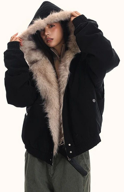 ANYOU 남녀 커플 아메리칸 빈티지 퍼 카라 패딩 도톰 기모 후드 오버핏 커플 점퍼