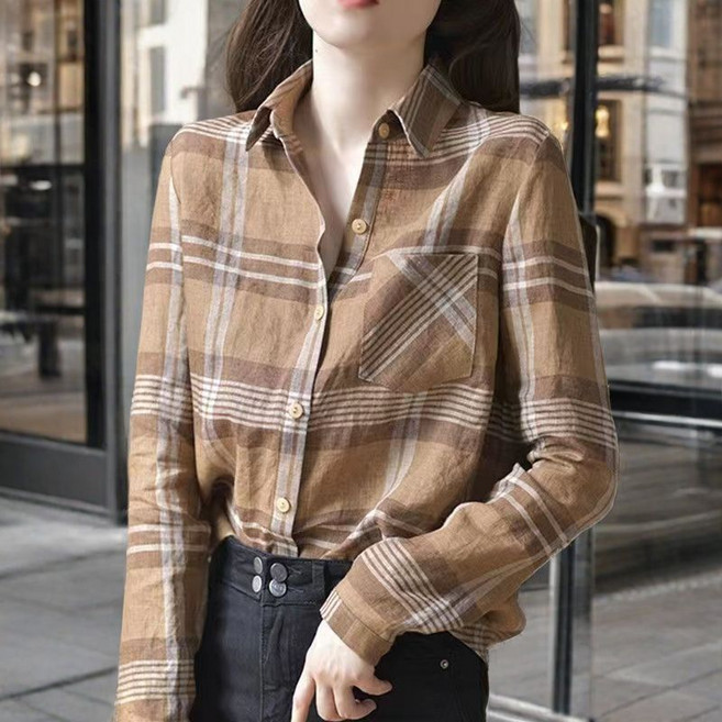 Makone 여성 카라넥 스트라이프 프린트 빈티지 프렌치 캐주얼 코디네이터 체크 셔츠 데일리룩