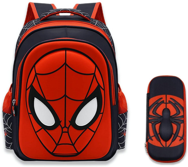 카툰 스파이더맨 책가방 스트랩 필통 3D 입체 디자인 방수 소재 대용량 초등학생 남학생에게 적합
