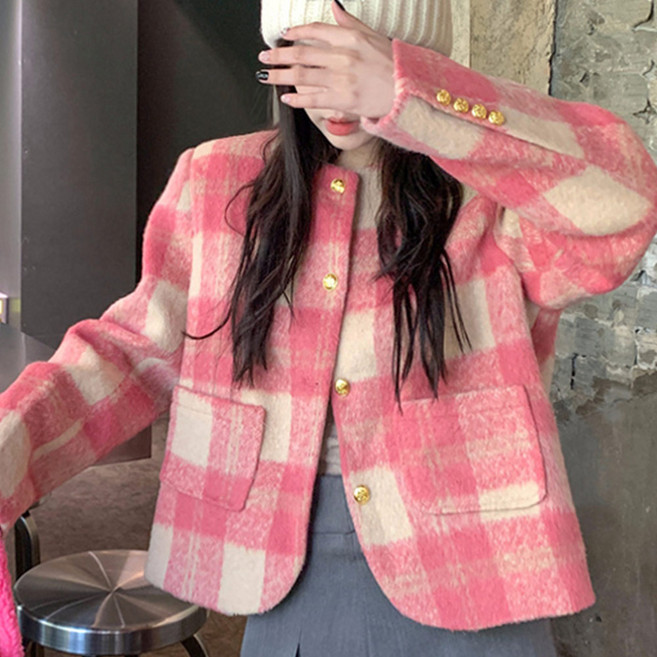 대박난박양 핑크 체크 크롭 자켓
