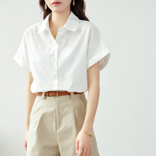 純棉女士短袖白襯衫 夏季通勤上衣