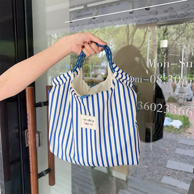 夏日編織托特包 韓版手提包, 寶藍條紋
