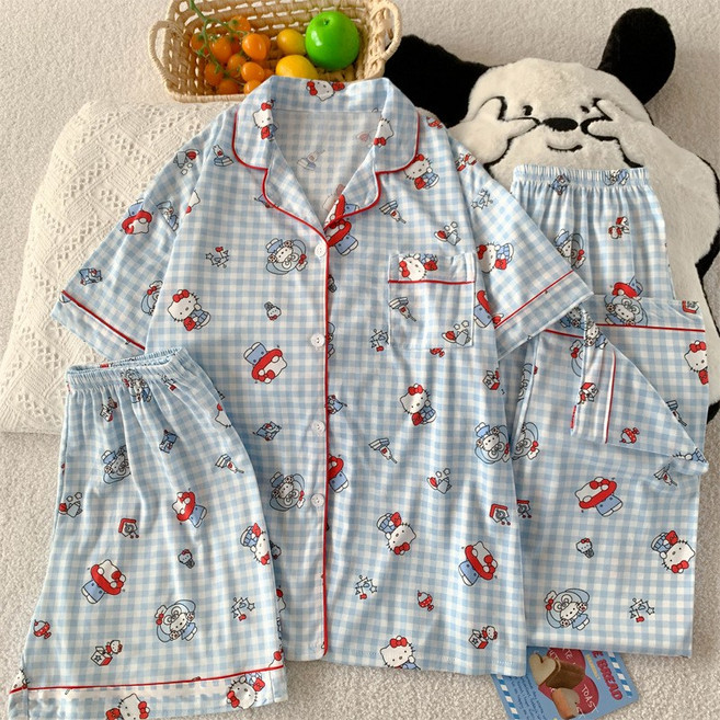 티류으스 캐릭터 여성 키티 캐릭터 체크 홈웨어 성인 홈웨어 잠옷 2종세트 긴팔+긴바지세트