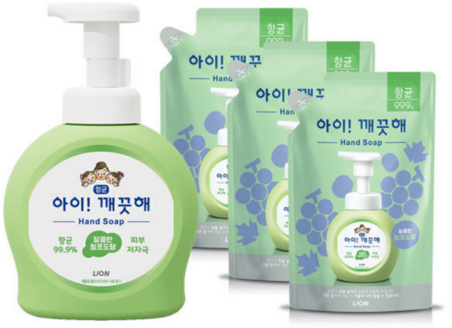 아이깨끗해 핸드워시 청포도향 490ml (본품 용기) 1개+450ml(리필) 3개, 490ml, 450ml