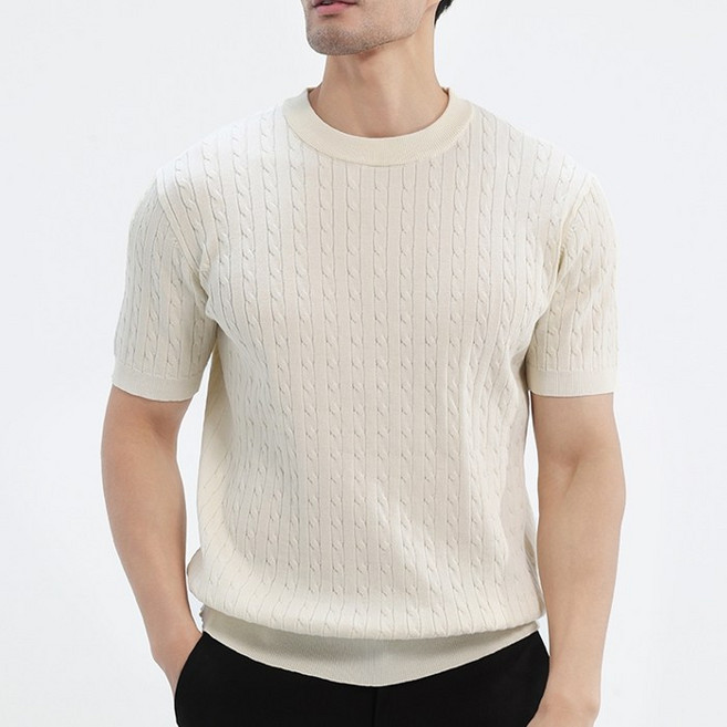 글리멜로 남자 여름 라운드 꽈배기 니트 반팔 티셔츠