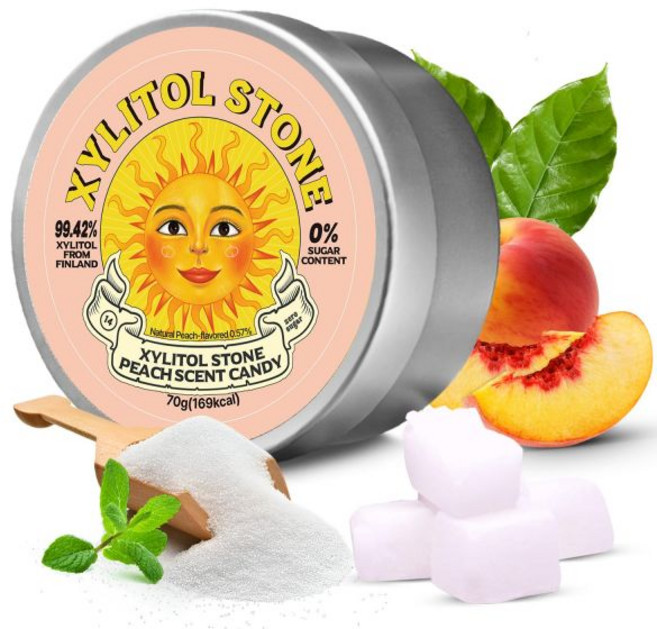 자일리톨 스톤 무설탕 사탕 - 비건 및 케토 친화적인 독특한 하드 캔디 100% 천연 향미 글루텐 프리 비유전자변형 무첨가 구취개선용 저칼로리 민트 페퍼민트 부스터 (2개 세트, 복숭아 (1팩), 70g, 1