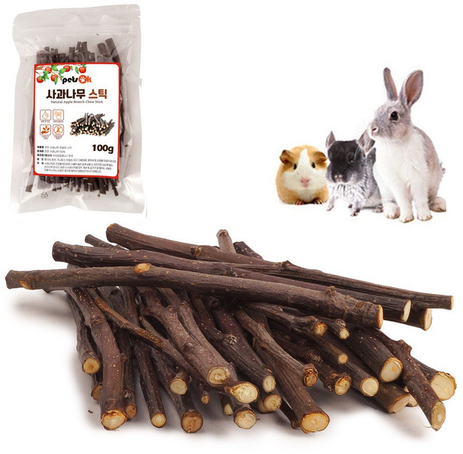 국산 PetsOK 세척 건조 사과나무 이갈이 스틱 100g 친칠라 토끼 햄스터 다람쥐, 1개