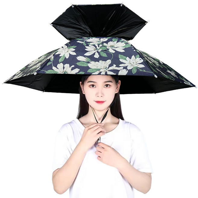 [블랙 코팅] 자외선 UV 차단 안감 신형 BJ 더블 핸즈프리 2단 모자우산 머리우산 우양산 텃밭우산 낚시우산 밭일 농사 작업 햇빛차단 썬캡