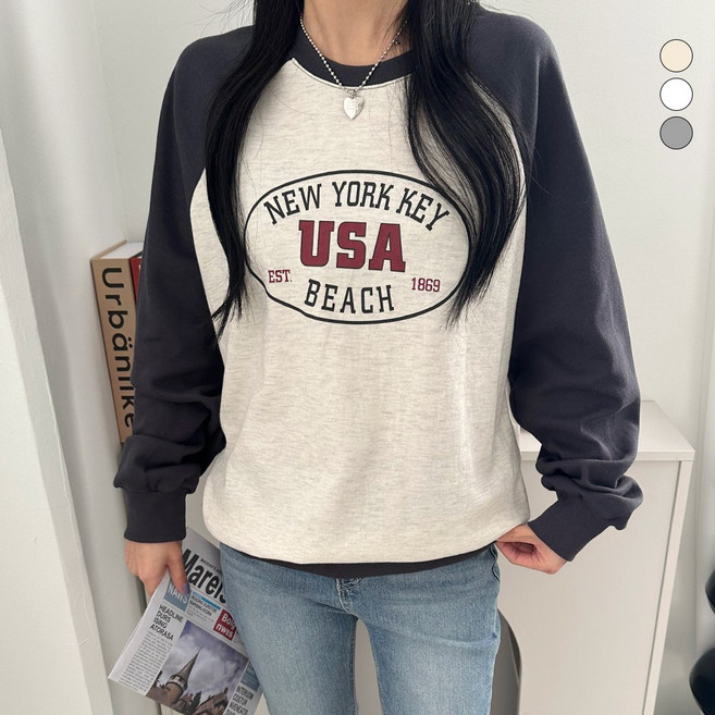디테일웨어 여성 뉴욕 나그랑 맨투맨 레터링 루즈핏 긴소매 티셔츠 특양면 여자맨투맨 데일리 꾸안꾸룩