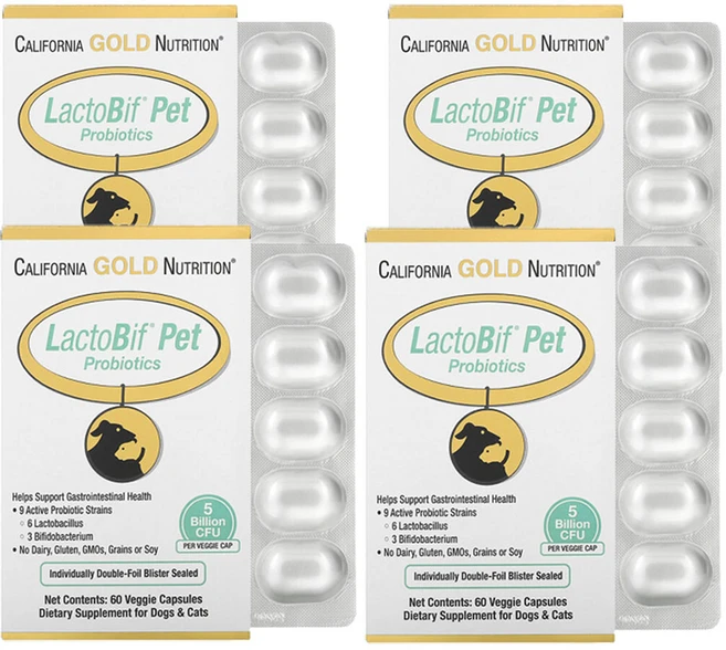 캘리포니아골드뉴트리션 LactoBif 반려동물 프로바이오틱스 50억 CFU 베지 캡슐 60정, 장건강/유산균, 4개 - 쿠팡