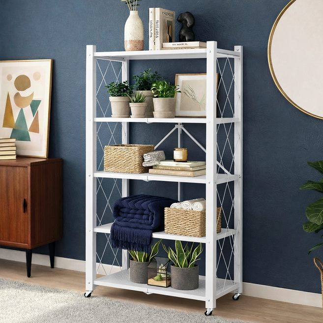 센스킹 철제 수납선반 원터치 간편 폴딩선반 다용도 고강도 접이식 철제선반, 화이트, 5단