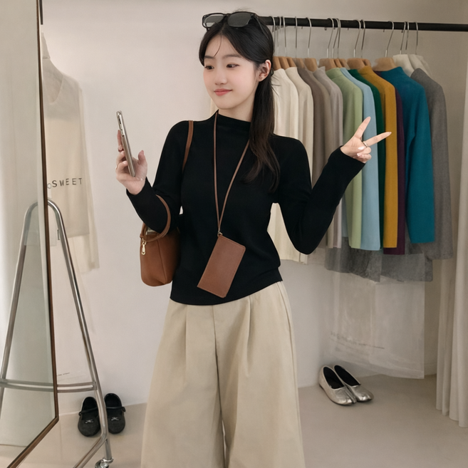 HDAON 여성 반폴라 니트 부드러운 체형커버 하프 터틀넥 이너티