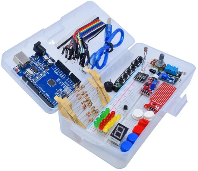 Arduino Uno R3 브레드보드용 스타터 키트 기본 단순 학습 키트 소리/수위/습도/거리 감지 LED 제어, 01 Plastic case