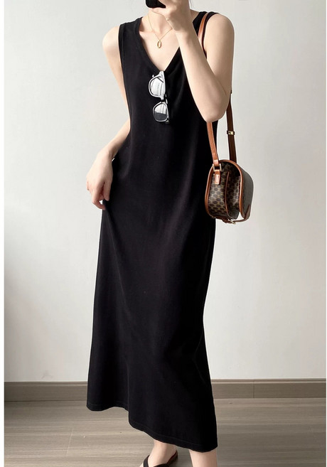 【Cavensi】莫代爾背心長裙 大尺碼無袖連衣裙 A276, 顯瘦黑色,1XL（建議60-75公斤）