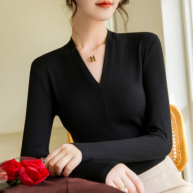 螺紋打底衫女款 性感深V領上衣 彈力緊身內搭長袖衫, 黑色,L, 黑色