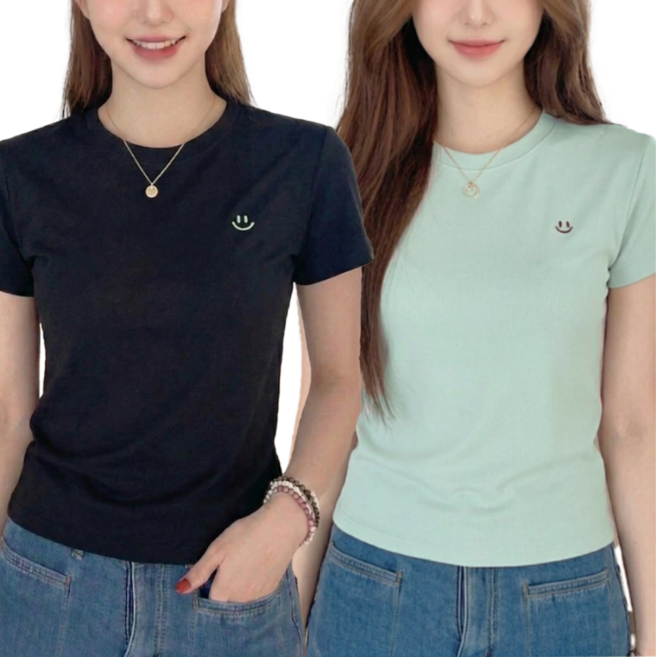 바이로이 1+1 여성 스마일 스판 반팔티