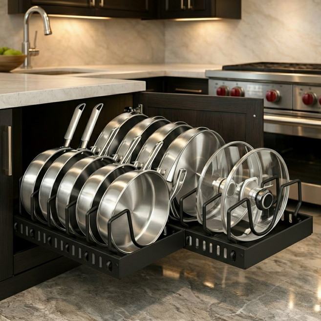 CAVINA 길이조절 가능한 무타공 슬라이딩 후라이팬 정리대, 블랙, 1개, 9단