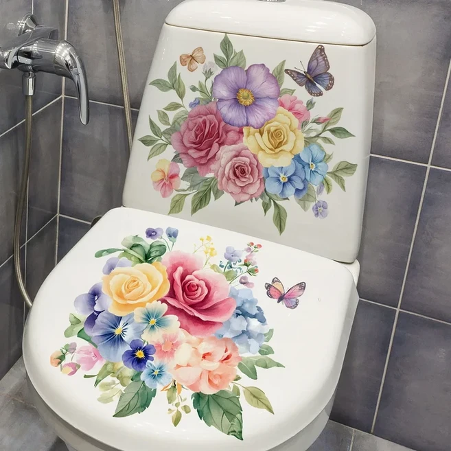 DIY 욕실 스티커 새 꽃 디자인 물 탱크 장식 변기 분리형 방수 2 개, 01 30x30cm 2pc, 14 ACC33329AB