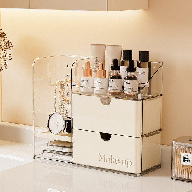 하우쏠 메이크업 2단 서랍 칸조절 선반 화장품 정리함, 1개, 크림