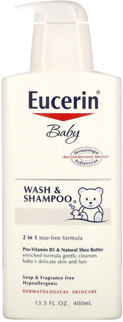 Eucerin 베이비 워시 샴푸 향료 무함유 400ml(13.5fl oz) 2팩, 2개, 400ml