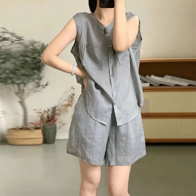 Kingfishe 여성 여름 패션 민소매 블라우스 반바지 세트 ru626DY3