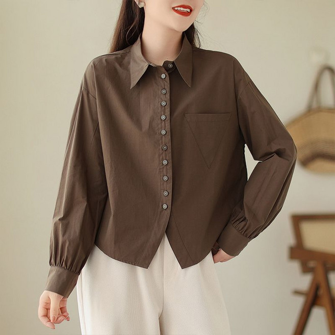 Makone 여성 카라넥 솔리드 무지 언발밑단 셔츠 퍼프소매 패션 프렌치 심플 데일리 블라우스