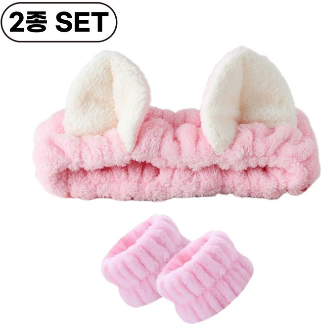 제론드 뽀송 세안 헤어밴드 손목 밴드 세트 고양이 양손 세안용 물흐름방지, 1개, 블러쉬핑크