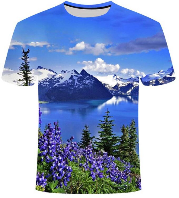 남성용 여름 산 및 강 그래픽 티셔츠 자연 풍경 패턴 멋진 캐주얼 3D 프린트 패션