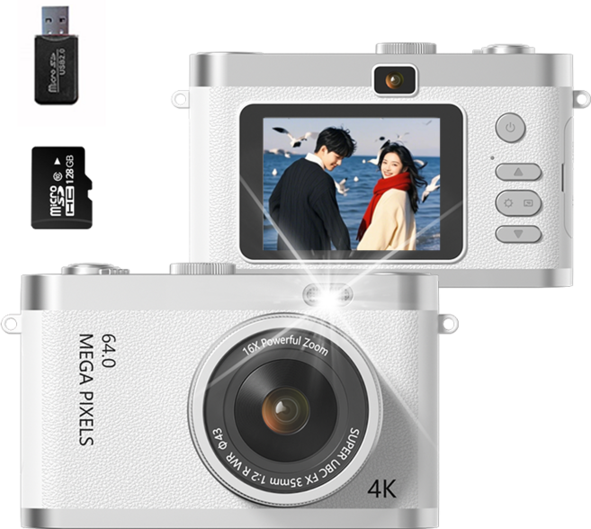 SMABAT 디지털 카메라 셀카렌즈 빈티지 Y2K 디지털 카메라 6400만 4k 화소 SD카드포함, 화이트