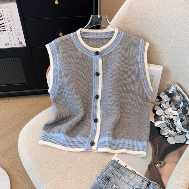 레크레아 골프조끼 블루배색 라운드 오픈 베스트조끼 니트