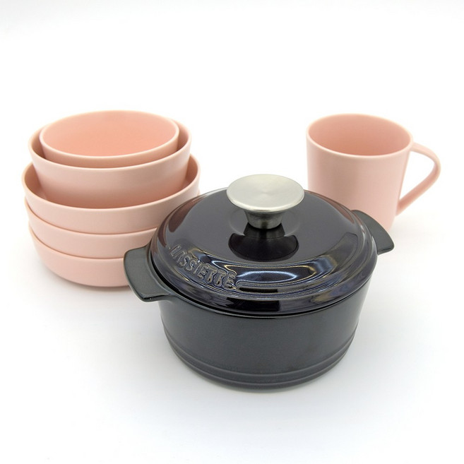라씨에뜨 온반 그릇세트 혼밥세트 1인식기세트 6P +뚝배기블랙14, 공기1P+대접1P+찬기3P+머그컵1P+뚝배기블랙 14, 복숭아빛