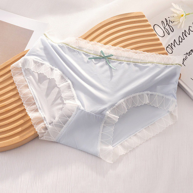 冰絲無痕涼感內褲 純棉褲襠 日系甜美蕾絲邊少女學生內褲 藍色 XL碼, 藍色,XL（50～60kg）