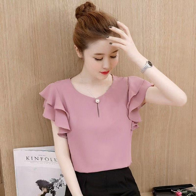 페이준 여성 여름 솔리드 라운드 쉬폰 블라우스 패션 날개 소매 프릴 오버핏 댄스복 상의 YFC854