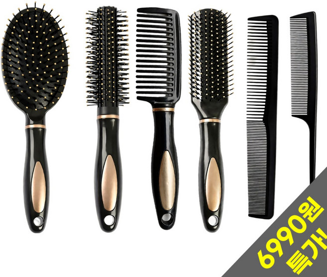 호아인터 헤어브러쉬 빗 6종 세트, 1개, 블랙