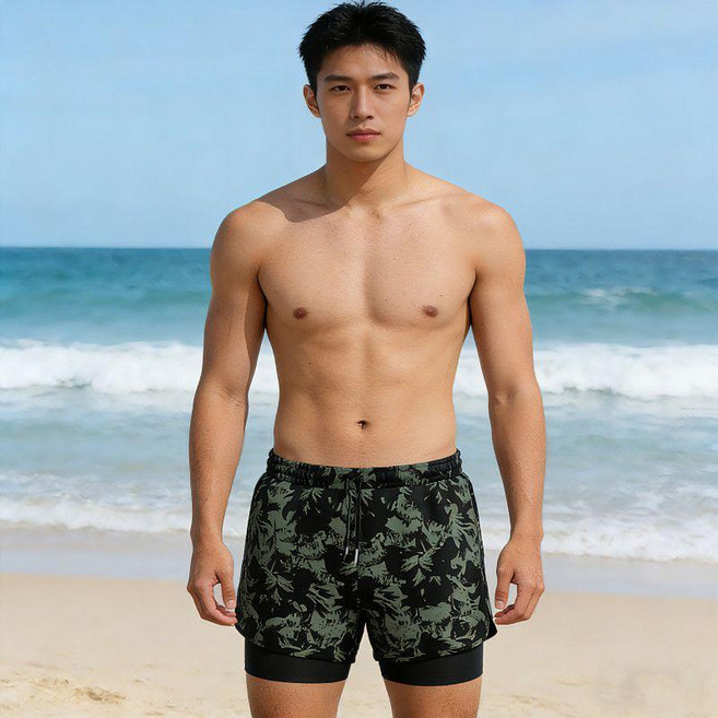 男士速幹泳褲 雙層大碼運動泡溫泉海邊度假沙灘褲, 迷彩黑+腰部帶抽繩,3XL 建議160-180斤