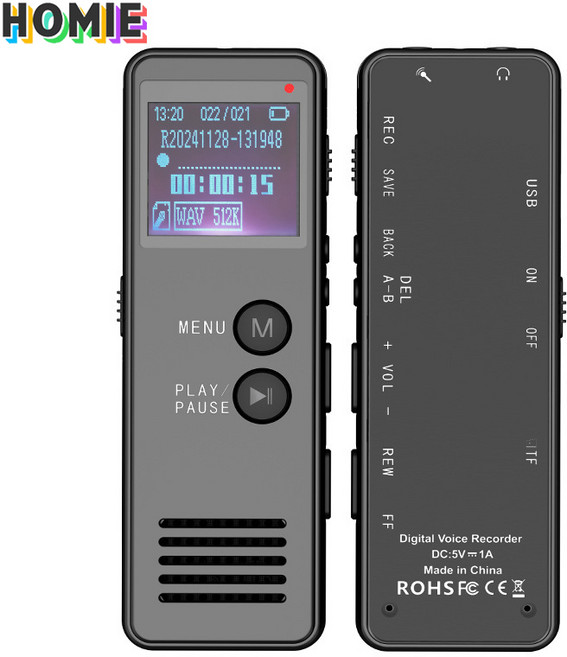 HOMIE 휴대용 소형 녹음기 고음질 디지털레코더 고성능 스마트대화면 8G, 블랙, Q8