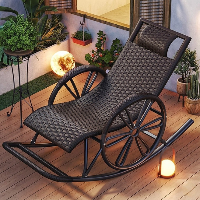 [비욘드셀렉트] 부모님을 위한 안락하고 튼튼한 라탄 흔들의자 효도의자 릴렉스체어 클래식 샴페인색상 야외정원 흔들의자 간단한 조립, 1개, 02. 모던블랙