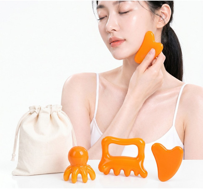 하미하미 문어 괄사 두피 얼굴 바디 마사지기 3종, 오렌지, 1세트
